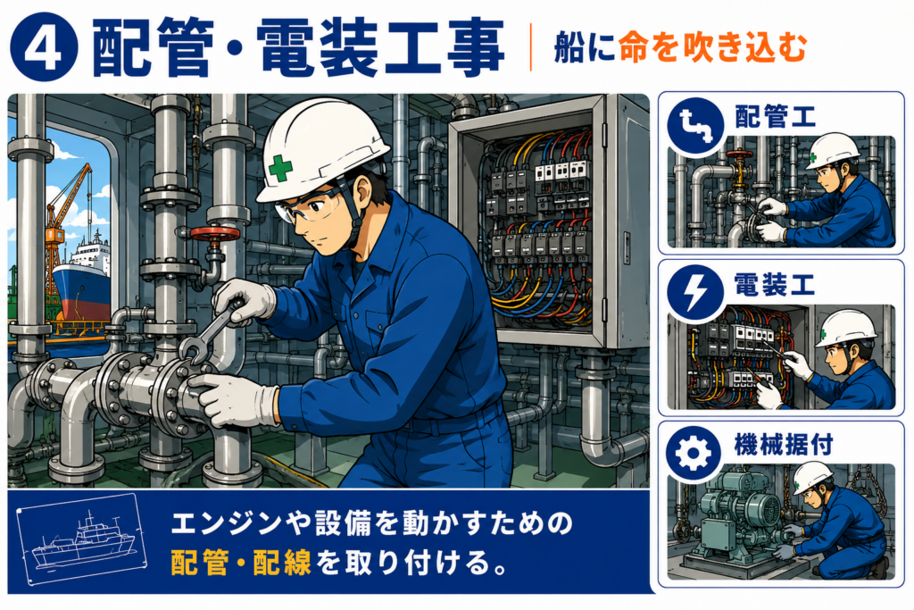 ④ 配管・電装工事｜船に命を吹き込む