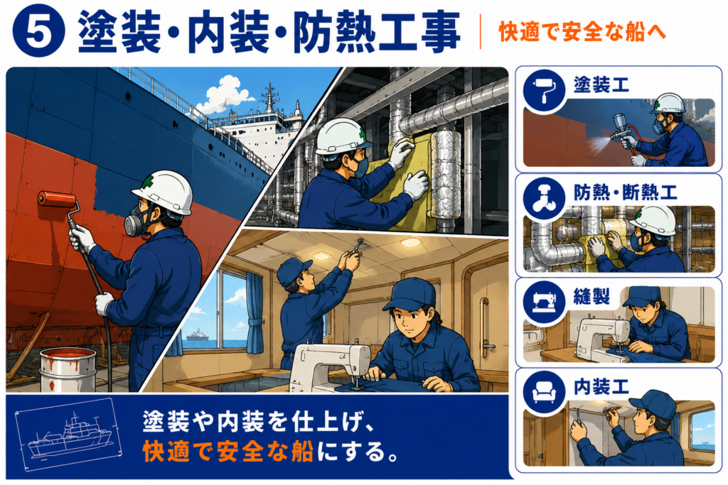 ⑤ 塗装・内装・防熱工事｜快適で安全な船へ